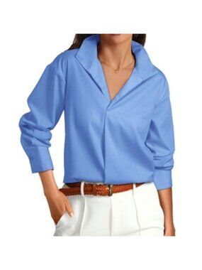 Womens Long Sleeve Work Shirt Lapel V Neck Business Casual Blue Size Small